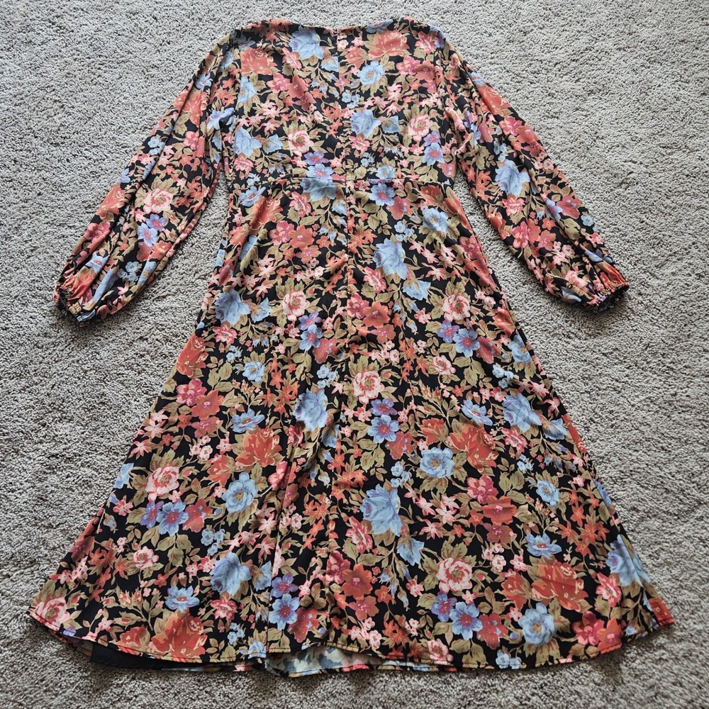Showpo Henny Floral Midi Dress Womens 14 Black V-Neck Long Sleeve Side Slit Boho - Picture 8 of 12